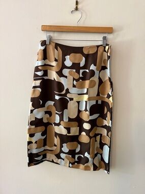 Y2K Kenneth Cole Brown Geometric Print Pencil Skirt with Cream and Tan Accents